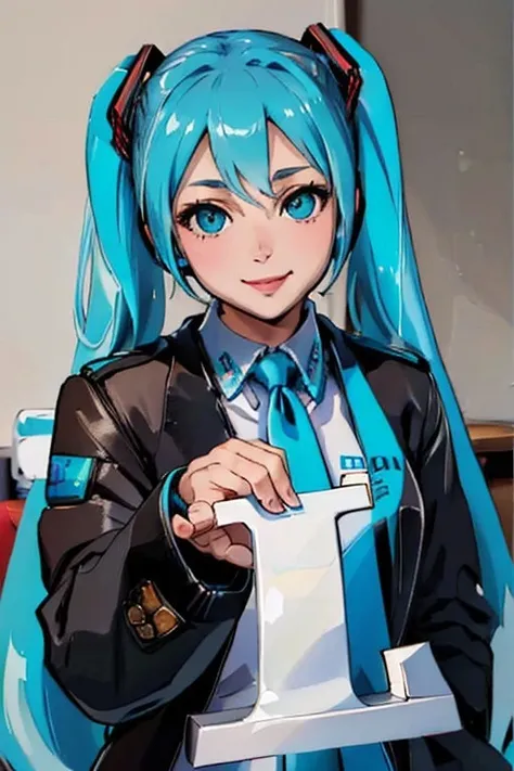 (masterpiece, best quality:1.2), solo, 1girl, hatsune miku, smile, looking at viewer, handthel <lyco:concept_handingyouthel-10:1.0>