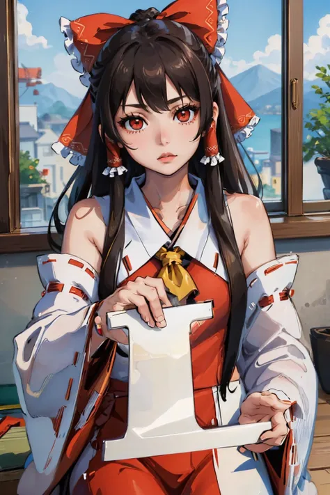 (masterpiece, best quality:1.2), solo, 1girl, hakurei reimu, expressionless, looking at viewer, handthel, hair tubes, red eyes, miko, japanese clothes <lyco:concept_handingyouthel-10:0.9>