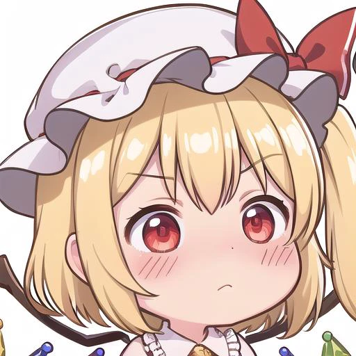 <lora:chibi-laugh:1:1:lbw=0,0,0,0,0.5,1,1,1,0.5,0,1,0,0,0,0,0,0>, chibi, 1girl, white background, :<, closed mouth,
<lora:flandre_scarlet-10:0.8>,(flandre_scarlet:1.3), red eyes, pale skin, wings, crystal, hat, shirt, frills, ribbon, red vest, red skirt, one side up, puffy sleeves, white mob cap,blonde hair,