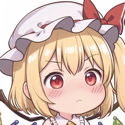 <lora:chibi-laugh:1:1:lbw=0,0,0,0,0.5,1,1,1,0.5,0,1,0,0,0,0,0,0>, chibi, 1girl, white background,  :<, closed mouth, 
<lora:flandre_scarlet-10:0.8>,(flandre_scarlet:1.3), red eyes, pale skin, wings, crystal, hat, shirt, frills, ribbon, red vest, red skirt, one side up, puffy sleeves, white mob cap,blonde hair,