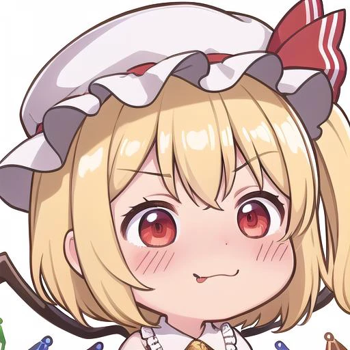 <lora:chibi-laugh:1:1:lbw=0,0,0,0,0.5,1,1,1,0.5,0,1,0,0,0,0,0,0>, chibi, 1girl, white background, :p, closed mouth,
<lora:flandre_scarlet-10:0.8>,(flandre_scarlet:1.3), red eyes, pale skin, wings, crystal, hat, shirt, frills, ribbon, red vest, red skirt, one side up, puffy sleeves, white mob cap,blonde hair,