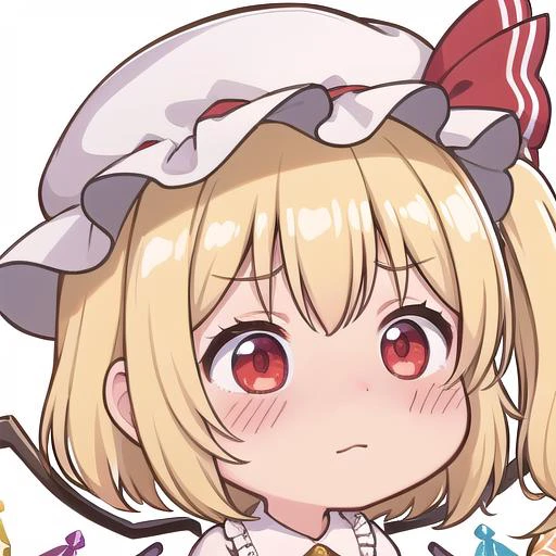 <lora:chibi-laugh:1:1:lbw=0,0,0,0,0.5,1,1,1,0.5,0,1,0,0,0,0,0,0>, chibi, 1girl, white background, :), closed mouth,
<lora:flandre_scarlet-10:0.8>,(flandre_scarlet:1.3), red eyes, pale skin, wings, crystal, hat, shirt, frills, ribbon, red vest, red skirt, one side up, puffy sleeves, white mob cap,blonde hair,