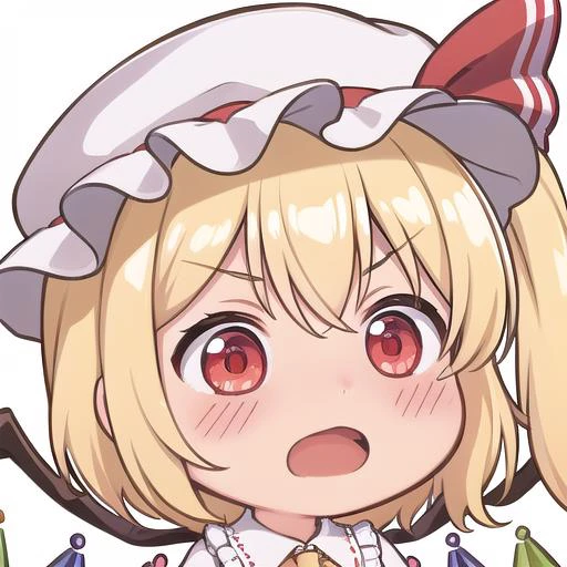 <lora:chibi-laugh:1:1:lbw=0,0,0,0,0.5,1,1,1,0.5,0,1,0,0,0,0,0,0>, chibi, 1girl, white background, (doyagao:1.1),open mouth,
<lora:flandre_scarlet-10:0.8>,(flandre_scarlet:1.3), red eyes, pale skin, wings, crystal, hat, shirt, frills, ribbon, red vest, red skirt, one side up, puffy sleeves, white mob cap,blonde hair,
