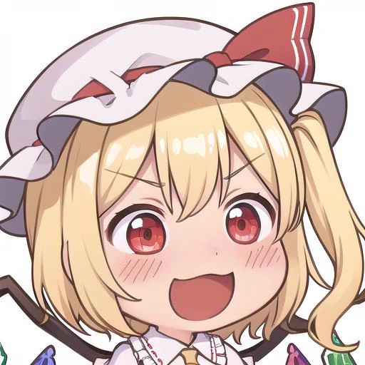 <lora:chibi-laugh:1:1:lbw=0,0,0,0,0.5,1,1,1,0.5,0,1,0,0,0,0,0,0>, chibi, 1girl, white background, :d,open mouth,
<lora:flandre_scarlet-10:0.8>,(flandre_scarlet:1.3), red eyes, pale skin, wings, crystal, hat, shirt, frills, ribbon, red vest, red skirt, one side up, puffy sleeves, white mob cap,blonde hair,