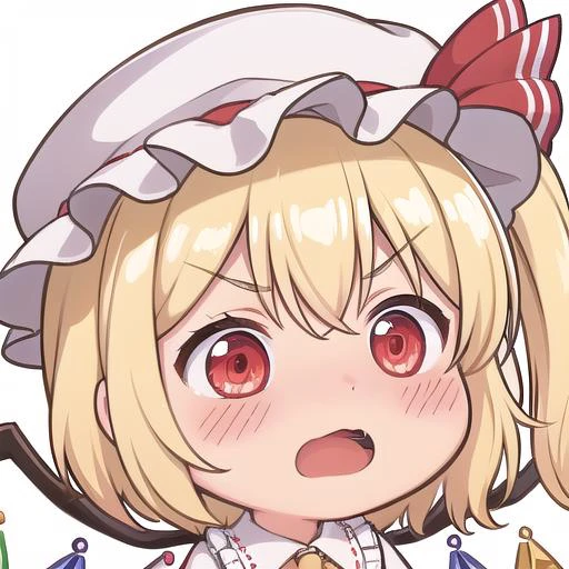 <lora:chibi-laugh:1:1:lbw=0,0,0,0,0.5,1,1,1,0.5,0,1,0,0,0,0,0,0>, chibi, 1girl, white background, (aroused:1.1),open mouth,
<lora:flandre_scarlet-10:0.8>,(flandre_scarlet:1.3), red eyes, pale skin, wings, crystal, hat, shirt, frills, ribbon, red vest, red skirt, one side up, puffy sleeves, white mob cap,blonde hair,