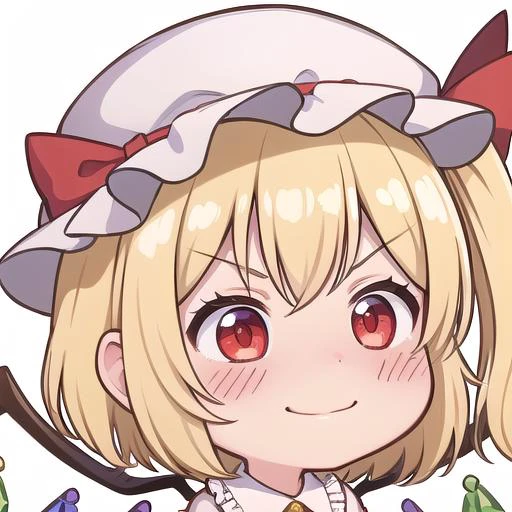 <lora:chibi-laugh:1:1:lbw=0,0,0,0,0.5,1,1,1,0.5,0,1,0,0,0,0,0,0>, chibi, 1girl, white background, smirk, closed mouth,
<lora:flandre_scarlet-10:0.8>,(flandre_scarlet:1.3), red eyes, pale skin, wings, crystal, hat, shirt, frills, ribbon, red vest, red skirt, one side up, puffy sleeves, white mob cap,blonde hair,