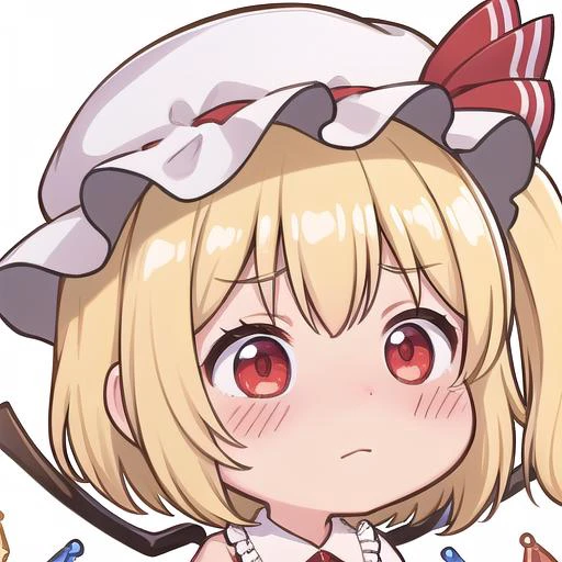 <lora:chibi-laugh:1:1:lbw=0,0,0,0,0.5,1,1,1,0.5,0,1,0,0,0,0,0,0>, chibi, 1girl, white background, :q, closed mouth,
<lora:flandre_scarlet-10:0.8>,(flandre_scarlet:1.3), red eyes, pale skin, wings, crystal, hat, shirt, frills, ribbon, red vest, red skirt, one side up, puffy sleeves, white mob cap,blonde hair,