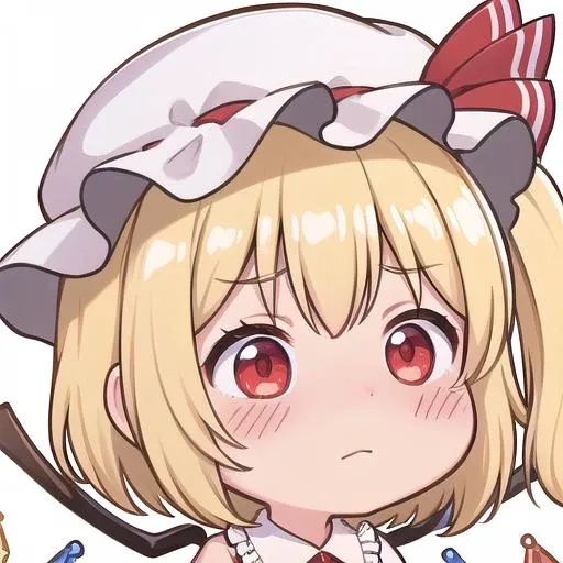 <lora:chibi-laugh:1:1:lbw=0,0,0,0,0.5,1,1,1,0.5,0,1,0,0,0,0,0,0>, chibi, 1girl, white background,  :q, closed mouth, 
<lora:flandre_scarlet-10:0.8>,(flandre_scarlet:1.3), red eyes, pale skin, wings, crystal, hat, shirt, frills, ribbon, red vest, red skirt, one side up, puffy sleeves, white mob cap,blonde hair,