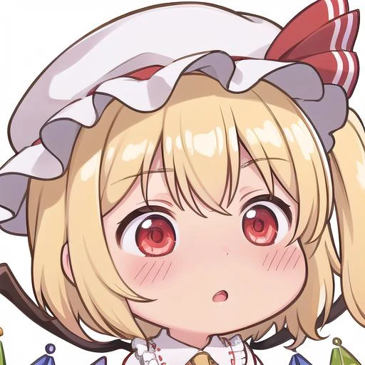 <lora:chibi-laugh:1:1:lbw=0,0,0,0,0.5,1,1,1,0.5,0,1,0,0,0,0,0,0>, chibi, 1girl, white background, (:o:1.3),open mouth,
<lora:flandre_scarlet-10:0.8>,(flandre_scarlet:1.3), red eyes, pale skin, wings, crystal, hat, shirt, frills, ribbon, red vest, red skirt, one side up, puffy sleeves, white mob cap,blonde hair,