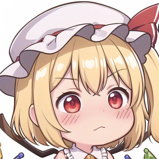 <lora:chibi-laugh:1:1:lbw=0,0,0,0,0.5,1,1,1,0.5,0,1,0,0,0,0,0,0>, chibi, 1girl, white background, :>, closed mouth,
<lora:flandre_scarlet-10:0.8>,(flandre_scarlet:1.3), red eyes, pale skin, wings, crystal, hat, shirt, frills, ribbon, red vest, red skirt, one side up, puffy sleeves, white mob cap,blonde hair,