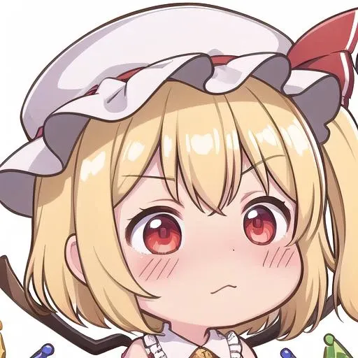 <lora:chibi-laugh:1:1:lbw=0,0,0,0,0.5,1,1,1,0.5,0,1,0,0,0,0,0,0>, chibi, 1girl, white background,  :>, closed mouth, 
<lora:flandre_scarlet-10:0.8>,(flandre_scarlet:1.3), red eyes, pale skin, wings, crystal, hat, shirt, frills, ribbon, red vest, red skirt, one side up, puffy sleeves, white mob cap,blonde hair,