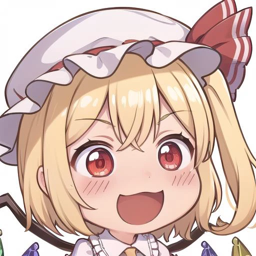 <lora:chibi-laugh:1:1:lbw=0,0,0,0,0.5,1,1,1,0.5,0,1,0,0,0,0,0,0>, chibi, 1girl, white background, (smile:1.1),open mouth,
<lora:flandre_scarlet-10:0.8>,(flandre_scarlet:1.3), red eyes, pale skin, wings, crystal, hat, shirt, frills, ribbon, red vest, red skirt, one side up, puffy sleeves, white mob cap,blonde hair,