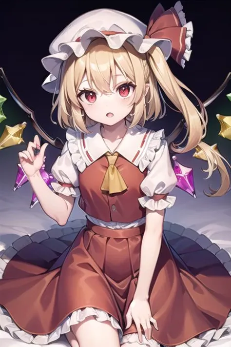 <lora:flandre_scarlet:0.8> (flandre_scarlet:1.5), red eyes, pale skin, wings, crystal, hat, shirt, frills, ribbon, vest, skirt, one side up, puffy sleeves, mob cap, red vest, red skirt, white mob cap, blonde hair