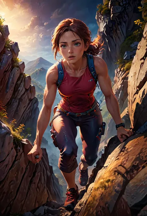 a woman climbing a steep hill, (highres, highly detailed:1.2), cinematic lighting, vibrant colors
