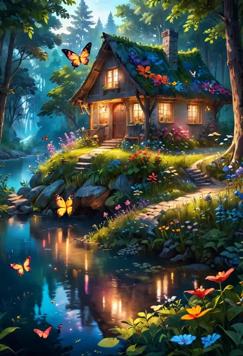 a summer retreat in the woods, dreamy cottage by the lake, wildflowers and butterflies., (highres, highly detailed:1.2), cinematic lighting, vibrant colors