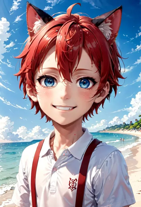 <lora:Aki_epoch_13:0.6>, (1boy:1.2), beach, smile, ( crimson cat ears:1.4), (red ears), male face, male body, more details in eyes, (very short hair:1.2), hair between eyes, cute, adorable boy, cute face, detailed face, handsome, young, juvenile, white skin, eyeshadow, crew cut, crimson hair, details sky, looking at viewer, blush, blue eyes, full shot, red suspenders, (pants), (white polo shirt), aki,petite,
(masterpiece:1.2), best quality, high resolution, unity 8k wallpaper, (illustration:0.8), (beautiful detailed eyes:1.6), extremely detailed face, perfect lighting, extremely detailed CG, (perfect anatomy),