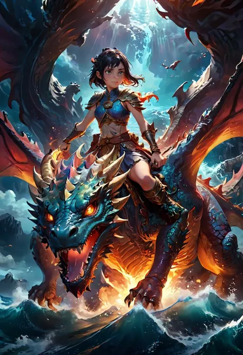a girl riding a big dragon over the seas., (highres, highly detailed:1.2), cinematic lighting, vibrant colors