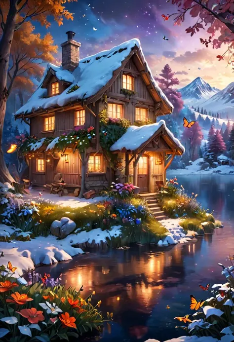 a winter wonderland, dreamy cottage by the lake, wildflowers and butterflies., (highres, highly detailed:1.2), cinematic lighting, vibrant colors