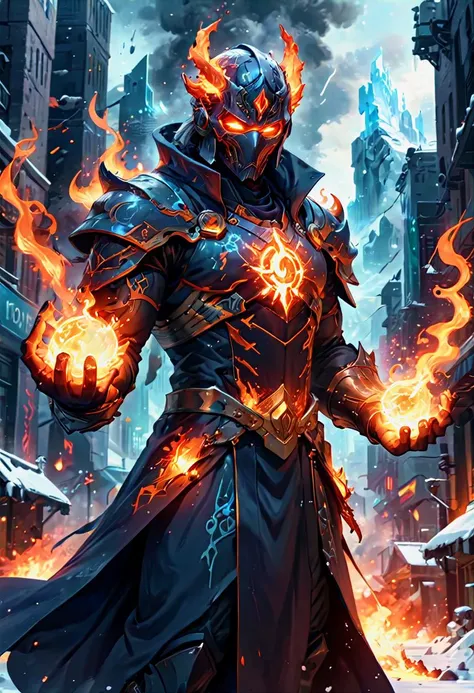 Illustrate the Epic Tale of a Cybernetic Mage, a savior of the oppressed, standing resolute in the heart of a Futuristic City. This mage commands both the fiery fury of infernos and the icy chill of glaciers. Envision him shrouded in a dark cloak and adorned with a metal mask concealing his eyes. His left arm is a mechanical marvel capable of hurling fiery fireballs, while his right arm glistens with icy crystals, freezing all in its path. He is the master of these elements, a rebel against the corrupt forces that plague the city. Depict him as a symbol of hope, strength, and resistance. The image should be hyper-detailed, capturing the intensity of the flames and the frosty embrace of snow surrounding him in this heroic stand
