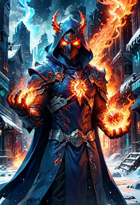 Illustrate the Epic Tale of a Cybernetic Mage, a savior of the oppressed, standing resolute in the heart of a Futuristic City. This mage commands both the fiery fury of infernos and the icy chill of glaciers. Envision him shrouded in a dark cloak and adorned with a metal mask concealing his eyes. His left arm is a mechanical marvel capable of hurling fiery fireballs, while his right arm glistens with icy crystals, freezing all in its path. He is the master of these elements, a rebel against the corrupt forces that plague the city. Depict him as a symbol of hope, strength, and resistance. The image should be hyper-detailed, capturing the intensity of the flames and the frosty embrace of snow surrounding him in this heroic stand