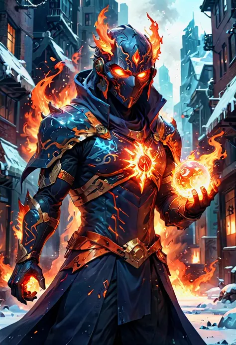 Illustrate the Epic Tale of a Cybernetic Mage, a savior of the oppressed, standing resolute in the heart of a Futuristic City. This mage commands both the fiery fury of infernos and the icy chill of glaciers. Envision him shrouded in a dark cloak and adorned with a metal mask concealing his eyes. His left arm is a mechanical marvel capable of hurling fiery fireballs, while his right arm glistens with icy crystals, freezing all in its path. He is the master of these elements, a rebel against the corrupt forces that plague the city. Depict him as a symbol of hope, strength, and resistance. The image should be hyper-detailed, capturing the intensity of the flames and the frosty embrace of snow surrounding him in this heroic stand