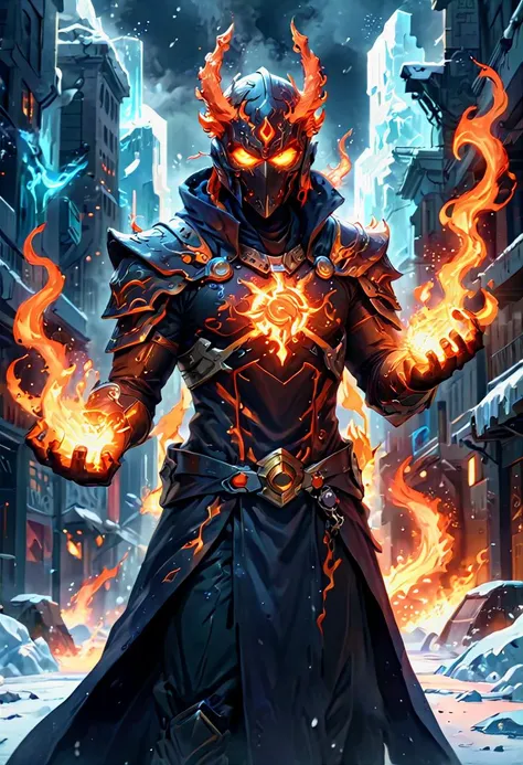 Illustrate the Epic Tale of a Cybernetic Mage, a savior of the oppressed, standing resolute in the heart of a Futuristic City. This mage commands both the fiery fury of infernos and the icy chill of glaciers. Envision him shrouded in a dark cloak and adorned with a metal mask concealing his eyes. His left arm is a mechanical marvel capable of hurling fiery fireballs, while his right arm glistens with icy crystals, freezing all in its path. He is the master of these elements, a rebel against the corrupt forces that plague the city. Depict him as a symbol of hope, strength, and resistance. The image should be hyper-detailed, capturing the intensity of the flames and the frosty embrace of snow surrounding him in this heroic stand
