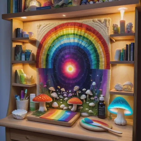 Mystical Rainbow Meadow, Bookshelf,Cutting Board,Energy Crystals,Toothbrush and Toothpaste,Cups/Glasses, Limestone and Pictorial Tapestry Weave tapestry, Bio-luminescent Mushrooms, Rope Lights, fantasy <lora:SDXLLandskaper_v1:1>