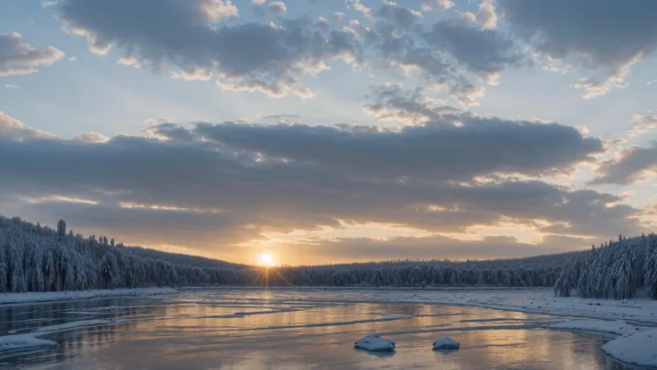 photograph of skyscape with sun at day in river in snowing , grand composition, masterpiece, 8k, highly detailed, nikon, dslr, hdr, 100-400mm lens, composition, best composition, classic, (blurry:1.2), russia