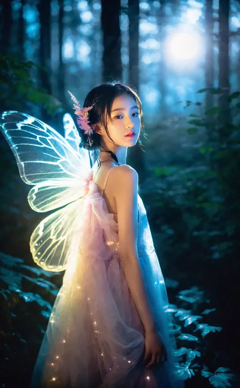 mugglelight,a girl with iridescent butterfly wings,bathed in the soft glow of a moonlit forest,enchanting atmosphere,magical expression,fantasy allure.,
korean girl,black hair,