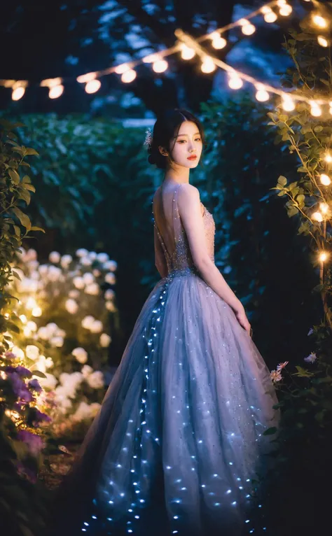 mugglelight, a woman in a ballgown, standing in a moonlit garden with fairy lights, ethereal ambiance, midnight glamour, romantic enchantment.
korean girl,black hair,