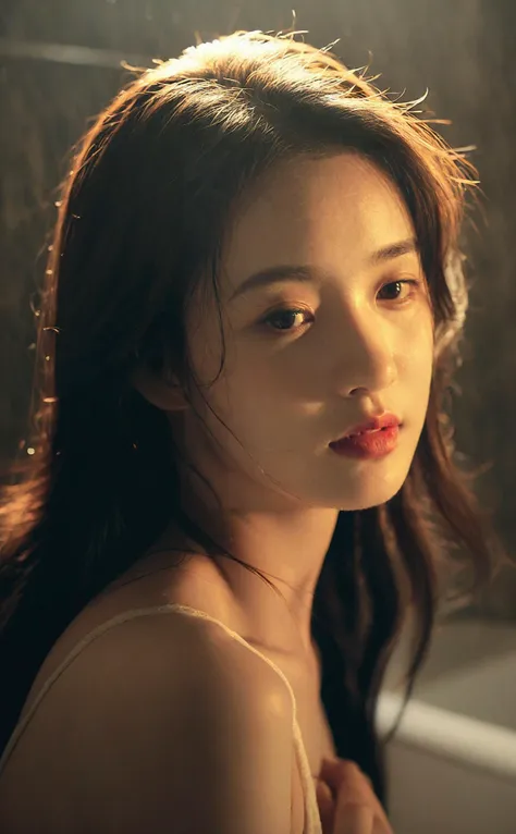 Beautiful Korean girl in a visually stunning romance,bathed in soft light,alone in a picturesque setting,with a detailed face conveying a mix of emotions that add depth to the character.,
korean girl,black hair,mugglelight,