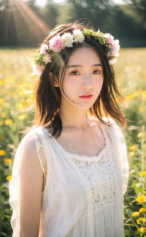 mugglelight, a girl with a flower crown, standing in a sunlit meadow, the warm rays creating a halo of light around her, floral serenity, natural beauty.
korean girl,black hair,