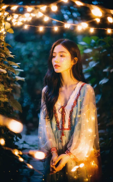 mugglelight,a woman in a bohemian dress,surrounded by fairy lights in a dimly lit garden,ethereal ambiance,magical glow,dreamy expression,enchanting evening.,
korean girl,black hair