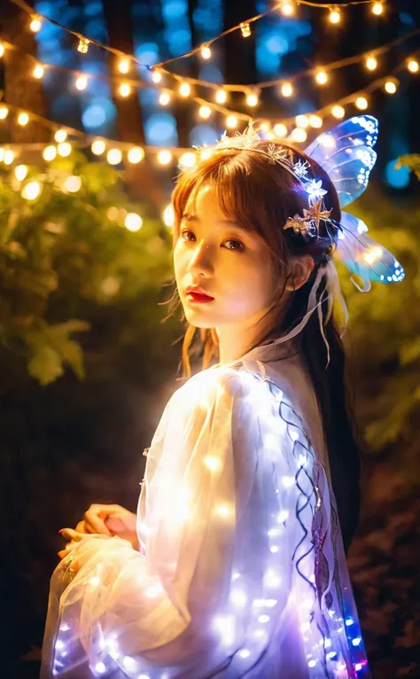 mugglelight,a Korean girl in a fairy costume surrounded by twinkling lights in a woodland setting,1girl,solo,fairy costume,woods,fantasy,magical,enchanting,dreamy,
(close-up:1.4),(portrait:1.6),