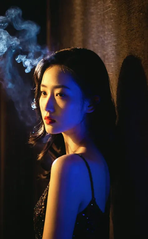 Timeless film portrayal of a femme fatale, bathed in cinematic elegance, standing alone in a smoky, mysterious setting, with a detailed face hinting at a web of intrigue.
korean girl,black hair,mugglelight,