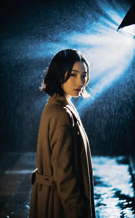 Iconic detective in film noir style,encapsulated in dramatic lighting,a solitary figure standing in the rain,showcasing a detailed face expressing the weight of the world.,
korean girl,black hair,mugglelight,