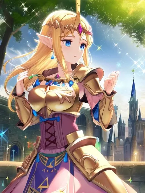 best quality, masterpiece, highres, detailed, perfect anatomy, <lora:Detail - add_detail:0.2>, ZeldaHW, corset, armored dress, breastplate, <lora:ZeldaHW-10:0.9>, blonde hair, pointy ears, pink clothing, blue eyes, medium breasts, 1girl, tiara, battlefield, medieval, praying, light magic, sparkles, outdoors,