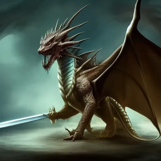 a dragon breathing fire down on a warrior with a sword.