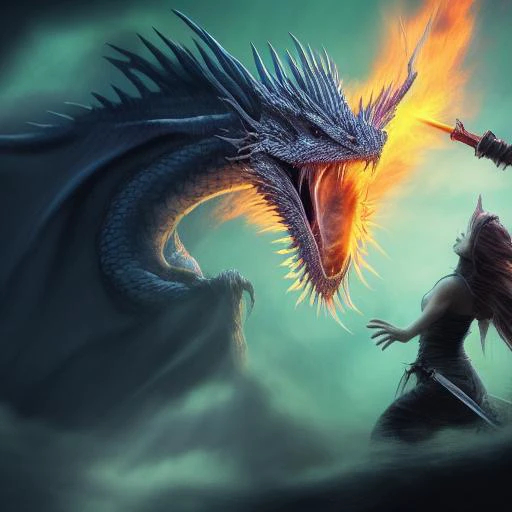 a dragon breathing fire down on a warrior with a sword.