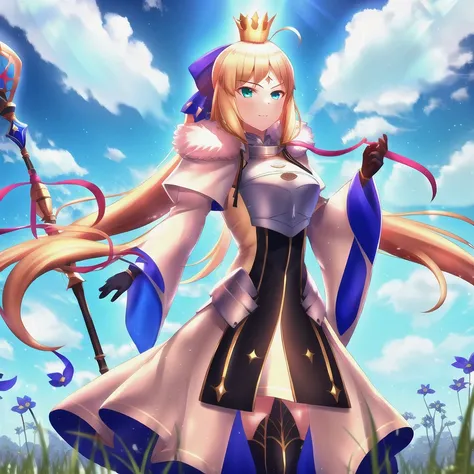<lora:castoriaV4:0.77>, 1girl, solo, ahoge, blonde_hair, blue_ribbon, long_hair, hair flowing over, looking_at_viewer, ribbon, gold trim, standing, (genshin impact:0.85), (utawarerumono:0.85), (rwby:0.85), wallpaper, hdr, high definition, masterpiece, best quality, highly detailed, intricate, sky, cloud, grass, flower field, mountain, outdoors, face, breastplate, yellow eyes, crown, castoria, fur, fur trim, fur collar, hands, holding, holding sword, holding weapon, sword, weapon, staff, holding staff, spear, holding polearm
