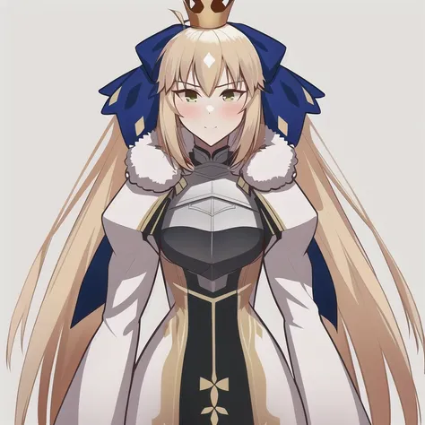 <lora:castoriaV4:0.7>, 1girl, solo, ahoge, blonde_hair, blue_ribbon, long_hair, hair flowing over, ribbon, gold trim, standing, (genshin impact:0.85), (utawarerumono:0.85), (rwby:0.85), high definition, masterpiece, best quality, highly detailed, intricate, simple background, grey background, reference sheet, face, breastplate, yellow eyes, crown, castoria, fur, fur trim, fur collar, hands