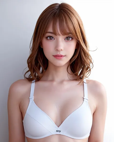 best quality, photorealistic, 8k, high res, 1girl, woman, (skindentation), (portrait:0.6), gorgeous, ((whitebackground, sport bra, small breast:1.65)), (medium-length brown-blond hair, parted bangs:1.55), looking at viewer,  (1girl eyes looking at viewer:1.6), photorealistic, (bokeh), (floating hair, closed mouth, smile:1.3), gorgeous, pureerosface_v1:1, <lora:av-kana:0.45>