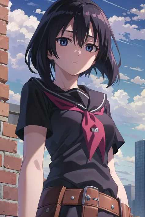 agkkurome, <lora:agk kurome s1-lora-nochekaiser:1>,
kurome, short hair, black hair, (black eyes:1.3), hair between eyes,
BREAK skirt, school uniform, serafuku, belt, black serafuku, short sleeves, belt, black skirt, neckerchief, red neckerchief,
BREAK outdoors, city, sky, clouds, night, star \(sky\),
BREAK looking at viewer, (cowboy shot:1.5),
BREAK <lyco:GoodHands-beta2:1>, (masterpiece:1.2), best quality, high resolution, unity 8k wallpaper, (illustration:0.8), (beautiful detailed eyes:1.6), extremely detailed face, perfect lighting, extremely detailed CG, (perfect hands, perfect anatomy),