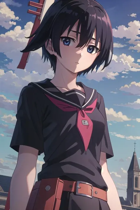 agkkurome, <lora:agk kurome s1-lora-nochekaiser:1>,
kurome, short hair, black hair, (black eyes:1.3), hair between eyes,
BREAK skirt, school uniform, serafuku, belt, black serafuku, short sleeves, belt, black skirt, neckerchief, red neckerchief,
BREAK outdoors, city, sky, clouds, night, star \(sky\),
BREAK looking at viewer, (cowboy shot:1.5),
BREAK <lyco:GoodHands-beta2:1>, (masterpiece:1.2), best quality, high resolution, unity 8k wallpaper, (illustration:0.8), (beautiful detailed eyes:1.6), extremely detailed face, perfect lighting, extremely detailed CG, (perfect hands, perfect anatomy),