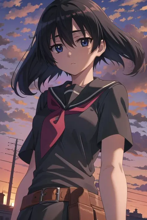 agkkurome, <lora:agk kurome s1-lora-nochekaiser:1>,
kurome, short hair, black hair, (black eyes:1.3), hair between eyes,
BREAK skirt, school uniform, serafuku, belt, black serafuku, short sleeves, belt, black skirt, neckerchief, red neckerchief,
BREAK outdoors, city, sky, clouds, night, star \(sky\),
BREAK looking at viewer, (cowboy shot:1.5),
BREAK <lyco:GoodHands-beta2:1>, (masterpiece:1.2), best quality, high resolution, unity 8k wallpaper, (illustration:0.8), (beautiful detailed eyes:1.6), extremely detailed face, perfect lighting, extremely detailed CG, (perfect hands, perfect anatomy),