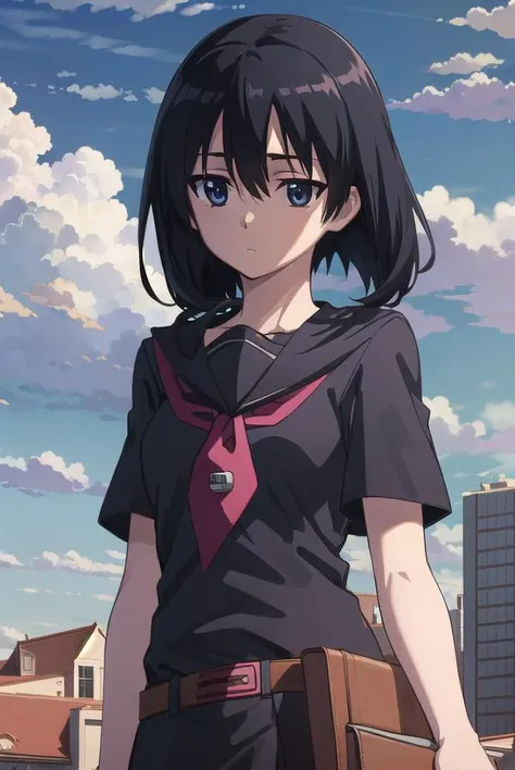 agkkurome, <lora:agk kurome s1-lora-nochekaiser:1>,
kurome, short hair, black hair, (black eyes:1.3), hair between eyes,
BREAK skirt, school uniform, serafuku, belt, black serafuku, short sleeves, belt, black skirt, neckerchief, red neckerchief,
BREAK outdoors, city, sky, clouds, night, star \(sky\),
BREAK looking at viewer, (cowboy shot:1.5),
BREAK <lyco:GoodHands-beta2:1>, (masterpiece:1.2), best quality, high resolution, unity 8k wallpaper, (illustration:0.8), (beautiful detailed eyes:1.6), extremely detailed face, perfect lighting, extremely detailed CG, (perfect hands, perfect anatomy),