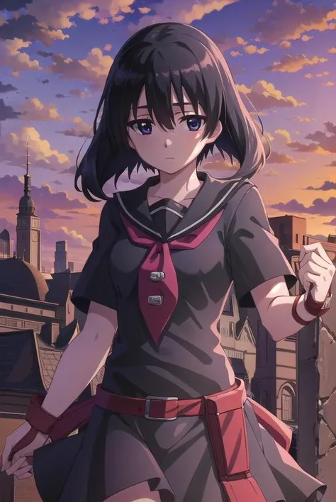 agkkurome, <lora:agk kurome s1-lora-nochekaiser:1>,
kurome, short hair, black hair, (black eyes:1.3), hair between eyes,
BREAK skirt, school uniform, serafuku, belt, black serafuku, short sleeves, belt, black skirt, neckerchief, red neckerchief,
BREAK outdoors, city, sky, clouds, night, star \(sky\),
BREAK looking at viewer, (cowboy shot:1.5),
BREAK <lyco:GoodHands-beta2:1>, (masterpiece:1.2), best quality, high resolution, unity 8k wallpaper, (illustration:0.8), (beautiful detailed eyes:1.6), extremely detailed face, perfect lighting, extremely detailed CG, (perfect hands, perfect anatomy),