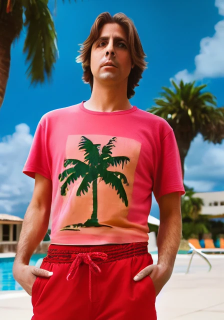 portrait bndr, man, poolside, palm tree, glamour, t-shirt, shorts