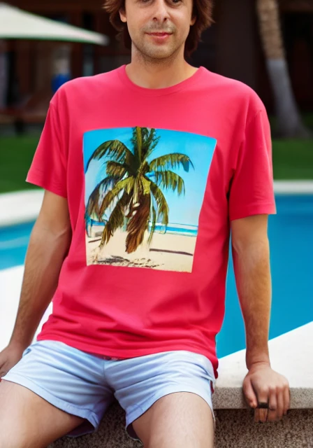 portrait bndr, man, poolside, palm tree, glamour, t-shirt, shorts