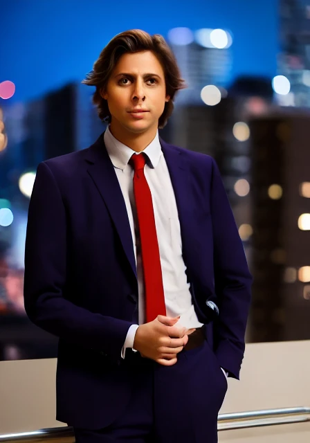 portrait bndr, man, balcony, city at night, suit, white shirt